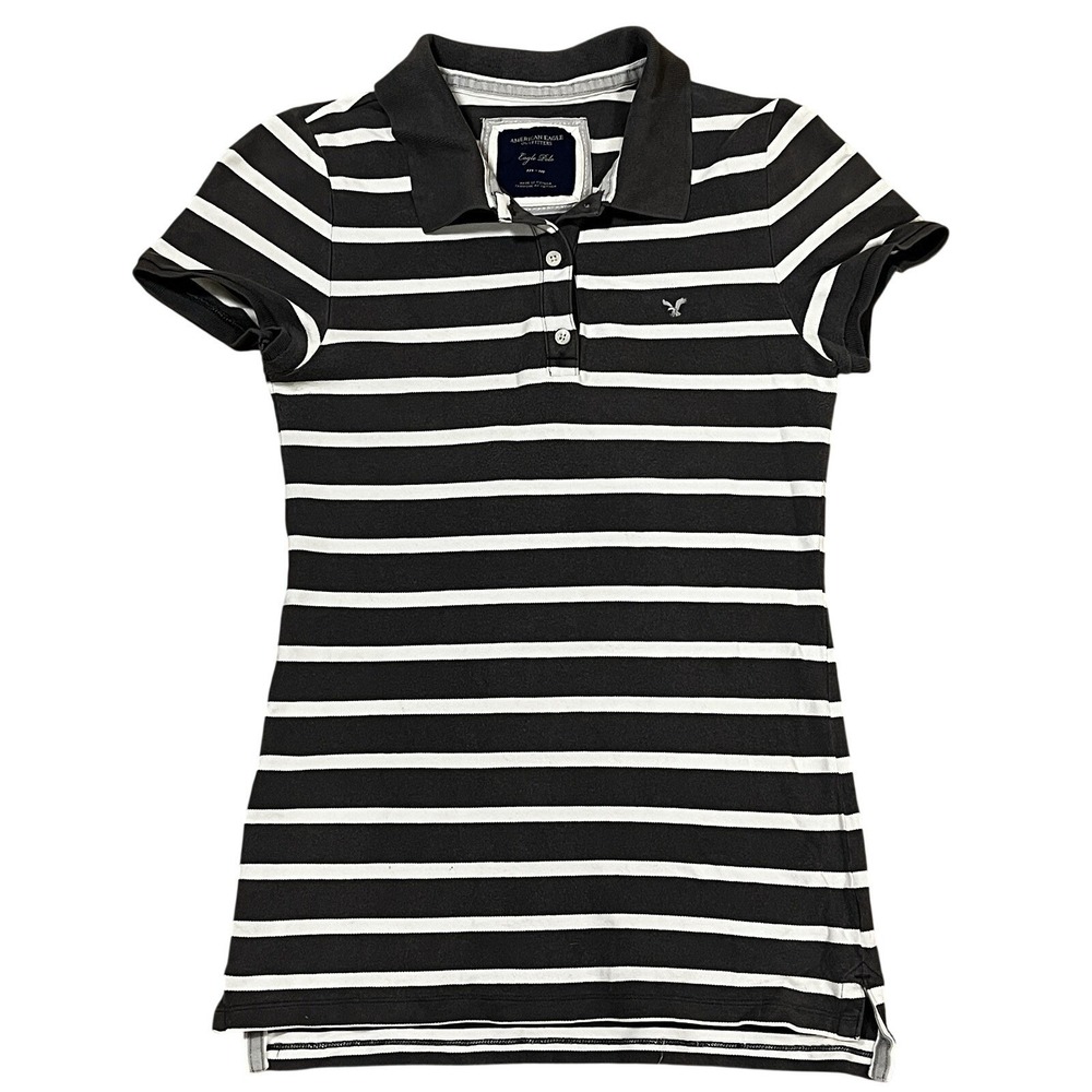 American Eagle Striped Polo Shirt Gray White Embroidered Logo M Retro Preppy